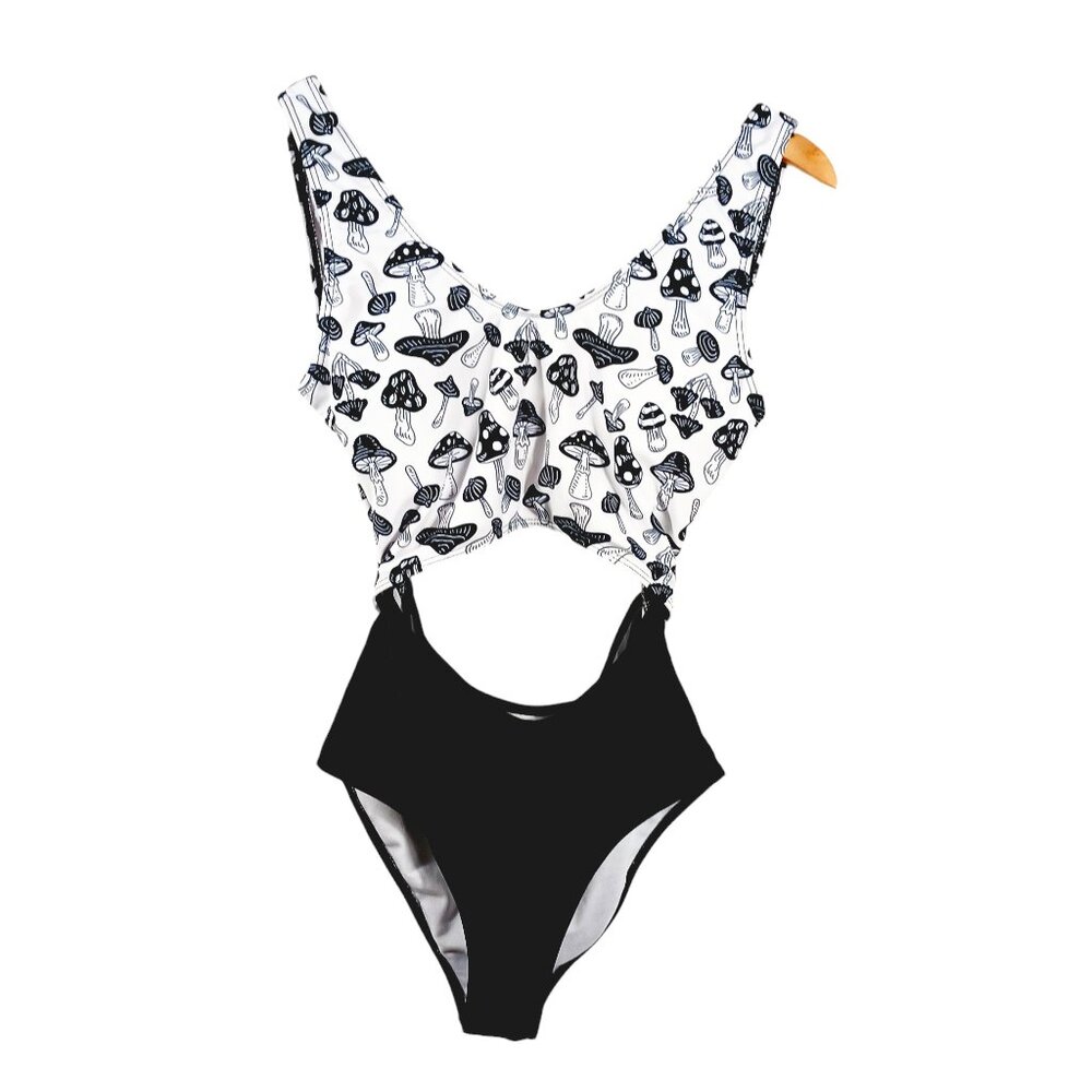 Shein Mushroom Swimsuit, Black and White, Size Small, Two Pieces Connected